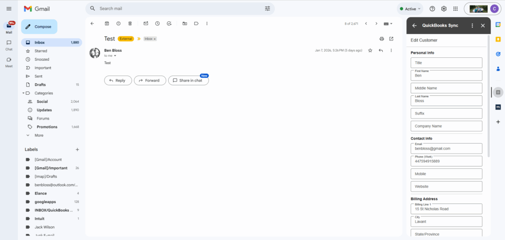 CRM Sync connecting Gmail and QuickBooks